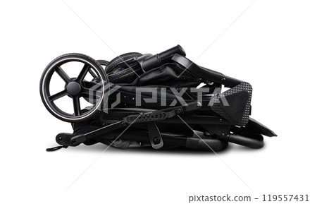 Modern folded black baby stroller isolated on white background 119557431