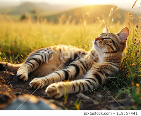 一隻棕色的虎斑貓躺在草地上，在耀眼的早晨陽光下 119557441