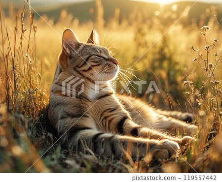 一隻棕色的虎斑貓躺在草地上，在耀眼的早晨陽光下 119557442