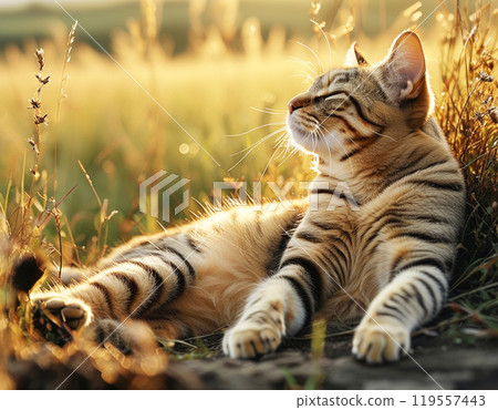 A brown tabby cat lying in the grass in the dazzling morning sun 119557443
