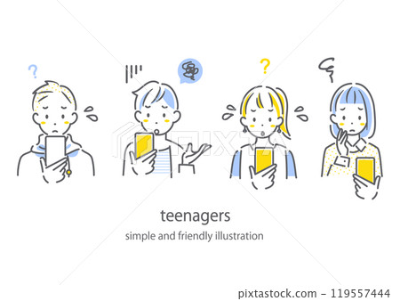 Teenagers worried about their smartphones: Simple and stylish line drawing illustration 119557444