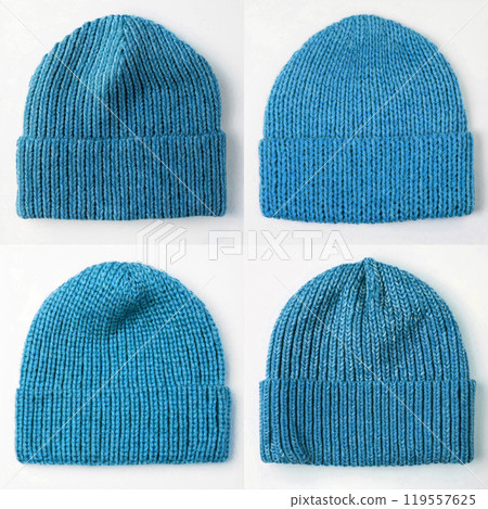 Blue knitted hat mockup on white background Blue knitted hat mockup on white background 119557625