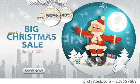 Banner special offer big Christmas sale A girl in a Santa Claus costume skating on the background of the night sky Banner special offer big Christmas sale A girl in a Santa Claus costume skating on the background of the night sky 119557662