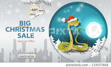 Banner special offer big Christmas sale A snake in a Santa hat wrapped in garlands against the night sky Banner special offer big Christmas sale A snake in a Santa hat wrapped in garlands against the night sky 119557668