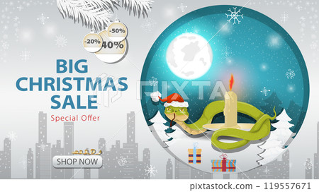 Banner special offer big Christmas sale A snake in a Santa hat wraps around a candle against the night sky 119557671