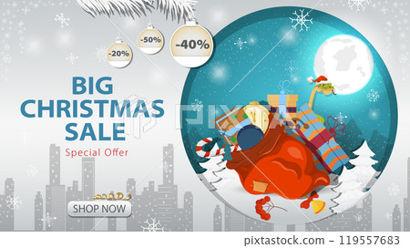 Banner special offer big Christmas sale big bag of gifts on the background of the night sky Banner special offer big Christmas sale big bag of gifts on the background of the night sky 119557683