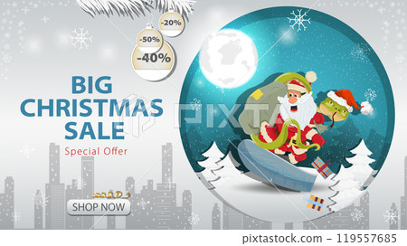 Banner special offer big Christmas sale Santa Claus snake on a snowboard on the background of the night sky Banner special offer big Christmas sale Santa Claus snake on a snowboard on the background of the night sky 119557685