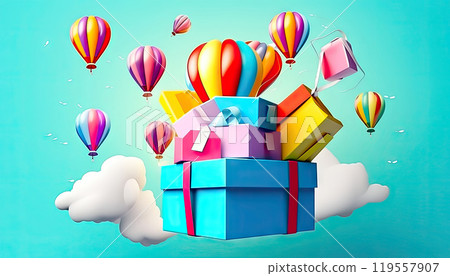 Joyful Balloons in a Gift Box under the Blue Sky - Generative AI 119557907