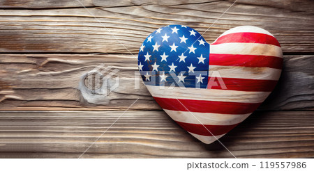 Patriotic American Flag Heart on Wooden Table: Symbolizing Love for the USA - Generative AI 119557986