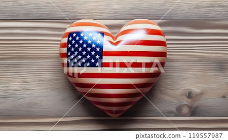 Love for the USA: Heart Painted as American Flag on Wooden Table - Generative AI 119557987