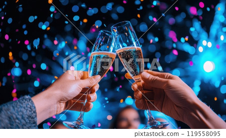 Celebrating with champagne glasses against a festive background with confetti and fireworks. New Year's Eve, party, celebration concept. 119558095