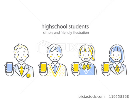 A simple and stylish line drawing of a high school student who is happy with his smartphone 119558368