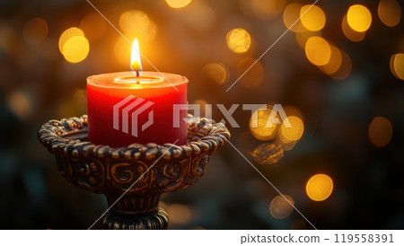 Red candle burning on vintage candlestick holder with bokeh background. Concept of memory, romance, holiday, and celebration 119558391