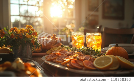 Thanksgiving Dinner Table with Turkey, Pumpkin, and Drinks at Sunset 119558393