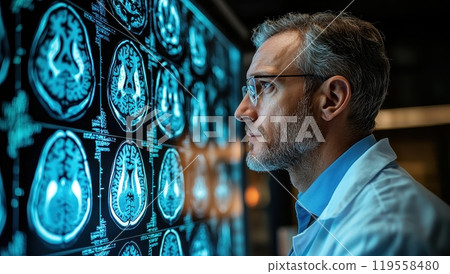 Doctor analyzing brain MRI scans. Concept of neurology, healthcare and medical diagnosis. 119558480