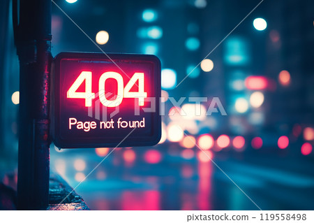 A neon sign with the number 404 on it. The sign is lit up in red and is surrounded by a blurry background. The sign is located on a pole in a city 119558498