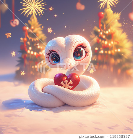 A white snake holding a red heart in its mouth. The image has a cute and playful mood, with the snake being a whimsical and endearing character 119558537