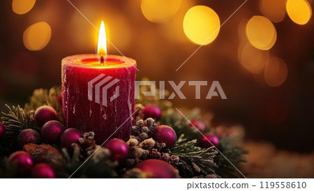 Burning Christmas Candle with Festive Decoration. Concept Holiday, Celebration 119558610