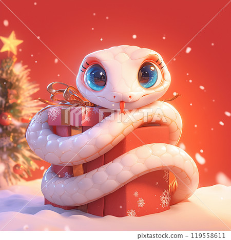 A white snake is curled up in a red box, which is decorated with a Christmas tree. The image has a playful and festive mood, as the snake is a cute and unexpected gift for the holiday season 119558611