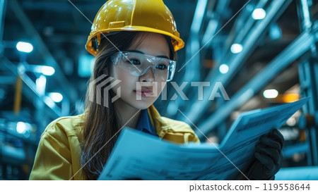 Focused Female Engineer Examining Blueprints in Industrial Setting 119558644