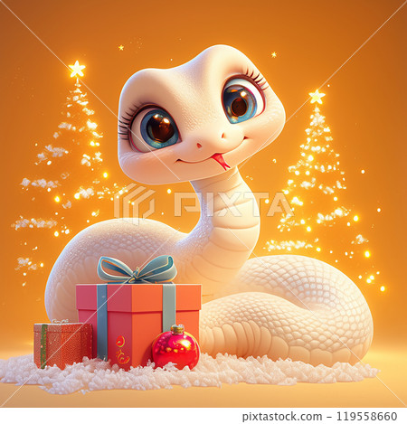 A white snake is holding a red box with a star on top of it. The image has a festive and playful mood, as the snake is dressed up for Christmas A white snake is holding a red box with a star on top of it. The image has a festive and playful mood, as the snake is dressed up for Christmas 119558660