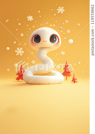 A cartoon snake is sitting on a yellow background with snowflakes falling around it. The snowflakes are scattered in various sizes and positions, creating a whimsical and playful atmosphere A cartoon snake is sitting on a yellow background with snowflakes falling around it. The snowflakes are scattered in various sizes and positions, creating a whimsical and playful atmosphere 119558662