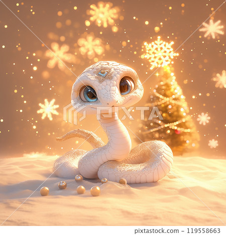 A white snake is sitting on the snow next to a Christmas tree. The scene is bright and cheerful, with the snow and the tree creating a festive atmosphere A white snake is sitting on the snow next to a Christmas tree. The scene is bright and cheerful, with the snow and the tree creating a festive atmosphere 119558663