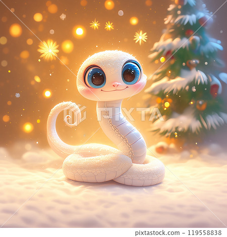 A cartoon snake is sitting in the snow next to a Christmas tree. The scene is bright and cheerful, with the snow and the tree providing a festive backdrop. The snake's bright white color 119558838