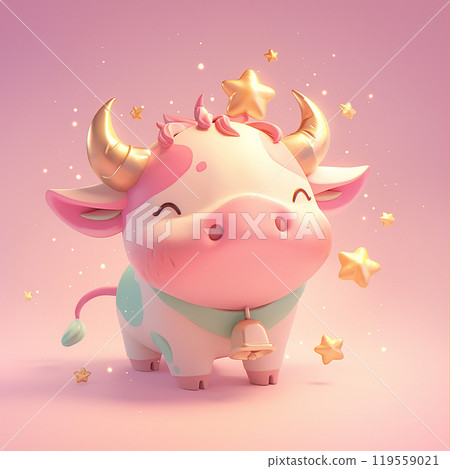 A cute cow with gold horns and a bell on its head is surrounded by stars. The cow is sitting on a pink background A cute cow with gold horns and a bell on its head is surrounded by stars. The cow is sitting on a pink background 119559021