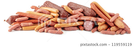 Various dry-cured and smoked sausages isolated on white. Various dry-cured and smoked sausages isolated on white. 119559119