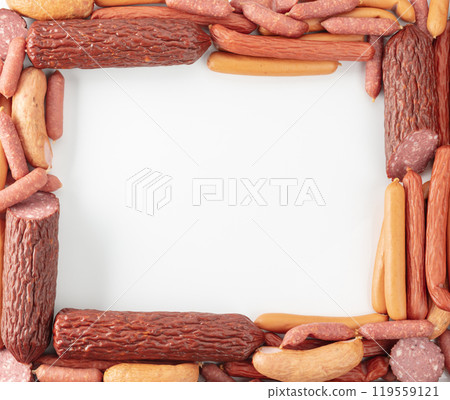 Various dry-cured and smoked sausages. 119559121