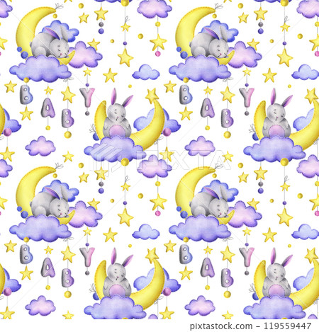 A cute gray stitched bunny lies and sleeps on a yellow moon with clouds, stars, the letters BABY hanging on ropes with bows. Watercolor illustration, hand drawn. Seamless pattern on a white background 119559447