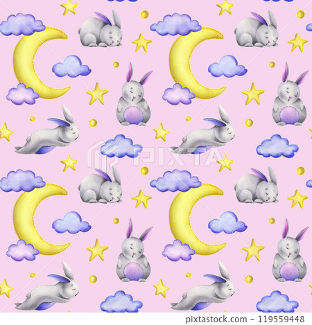 A cute gray bunny stitched sits and sleeps on a yellow moon with hanging stars, dots, clouds. Watercolor illustration, hand drawn. Seamless pattern on a pink background. 119559448