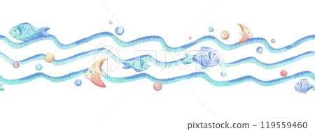 Sea waves, various fish and bubbles. Hand drawn watercolor illustration in blue and coral colors. Seamless border, childish, cute, gentle, simple for textiles and nursery decoration Sea waves, various fish and bubbles. Hand drawn watercolor illustration in blue and coral colors. Seamless border, childish, cute, gentle, simple for textiles and nursery decoration 119559460