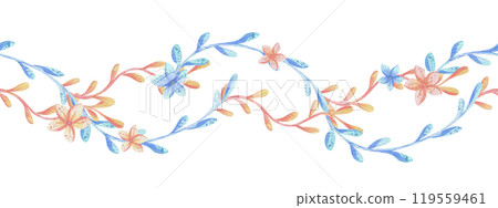 Seaweed, coral, ocean underwater coral reef animals with flowers. Watercolor illustration, hand drawn in pastel colors: pink, peach, coral, turquoise, blue. Seamless board isolated from background Seaweed, coral, ocean underwater coral reef animals with flowers. Watercolor illustration, hand drawn in pastel colors: pink, peach, coral, turquoise, blue. Seamless board isolated from background 119559461