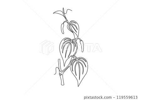 Single continuous line drawing pile of healthy organic fresh betel leaves on branch agriculture logo. Mouth freshener utility concept for plants icon. One line draw graphic design vector illustration 119559613