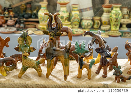 Clay whistle figurines in the shape of animals. Clay whistle figurines in the shape of animals. 119559789