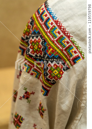 Ukrainian cross stitch. Vyshyvanka shirt. Embroidery Ukraine ornament. Ukrainian cross stitch. Vyshyvanka shirt. Embroidery Ukraine ornament. 119559798