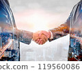 Businessmen shaking hands, urban landscape 119560086
