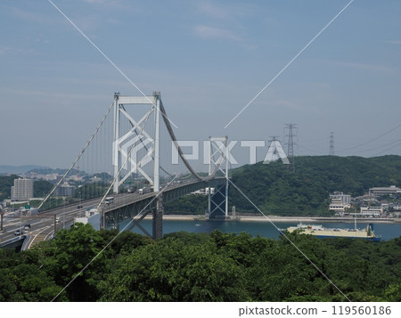 從福岡縣北九州市門司區輪船第二展望台露天平台看到的關門大橋 從福岡縣北九州市門司區輪船第二展望台露天平台看到的關門大橋 119560186