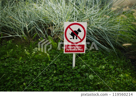 No dog poo sign in public park. Blurry background. No dog poo sign in public park. Blurry background. 119560214