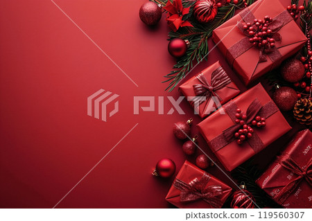 Festive arrangement of red gifts, ornaments, and greenery against a rich red background during the holiday season. 119560307