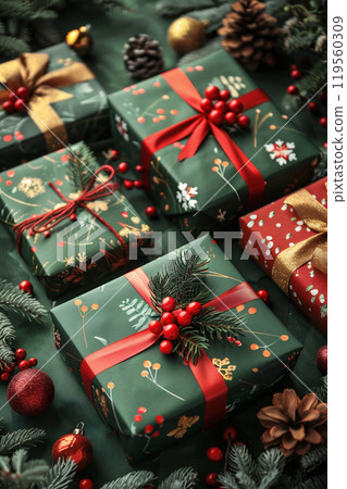 Beautifully wrapped holiday gifts on a green background with festive decorations surrounded by pinecones and berries. 119560309