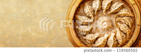 Chinese dumplings jiaozi on a golden tray. Chinese dumplings jiaozi on a golden tray. 119560502