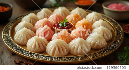 Chinese dumplings jiaozi on a golden tray. Chinese dumplings jiaozi on a golden tray. 119560503