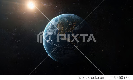 An exoplanet with continents and oceans floating in dark space. 119560524