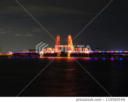 Illuminated lift bridge at Mukojima in Okawa, Fukuoka Prefecture 119560549