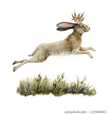 Jackalope jumping over the grass ground. Myth rabbit creature watercolor illustration. Hand drawn wild mythological folklore animal. Rabbit with horns Running jackalope side view on white background 119560641