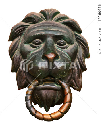 Metal antique castle in the shape of a lion on an isolated white background. For design. 119560656