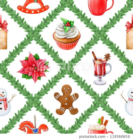 Christmas time traditional decor element seamless pattern. Hand drawn snowman, fir tree, mulled wine, winter sweets, treats. Winter season vintage style decoration seamless pattern. White background 119560658